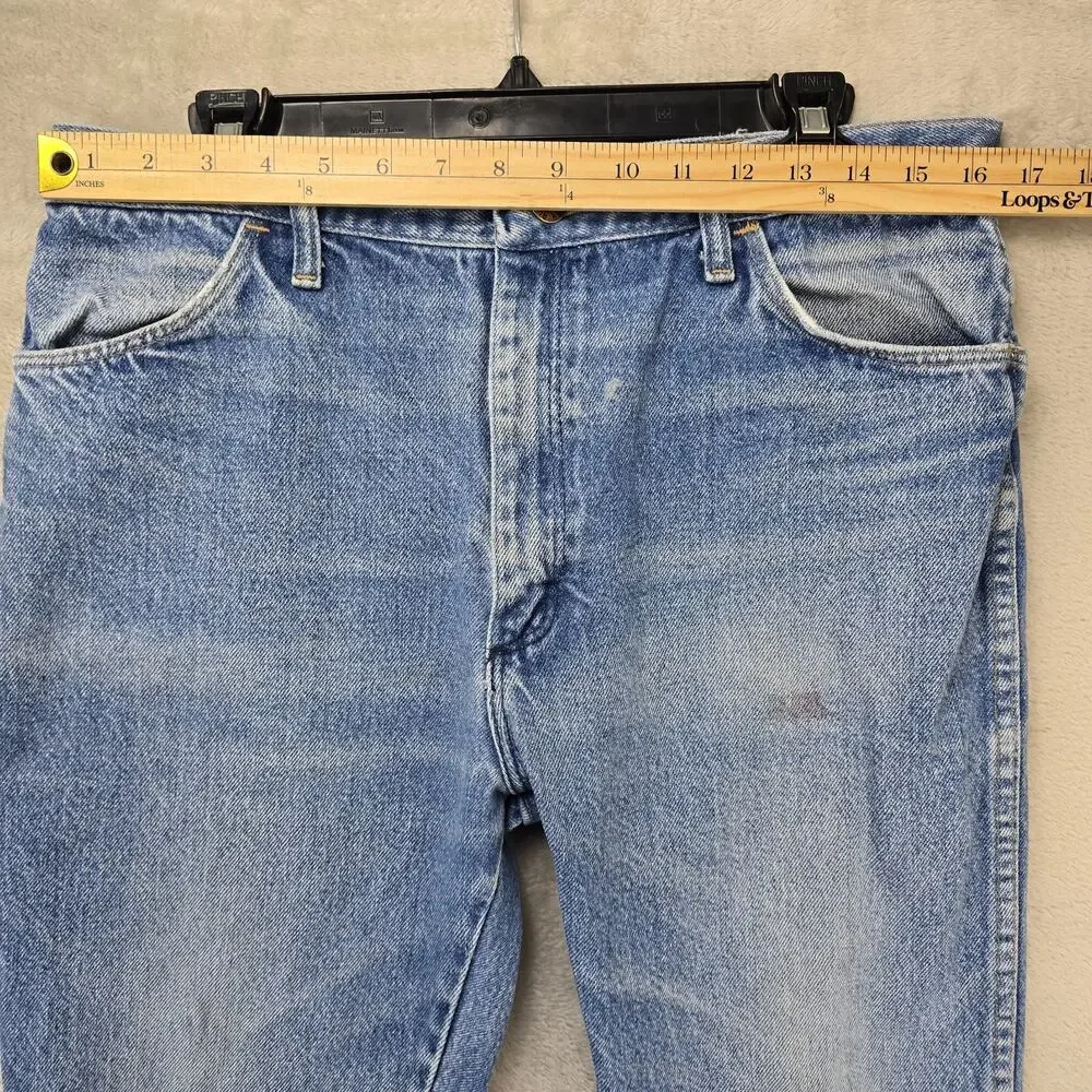 Vintage Rustler Jeans Mens Fits 32x26 Blue Faded Whiskers Denim Straight Leg USA